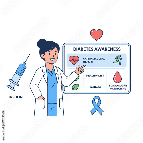 Flat vector illustration of female doctor presenting diabetes awareness chart with medical icons and blue ribbon