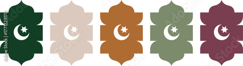 A minimalist Islamic motif featuring crescent moons and stars in a repeating pattern of five distinct colors