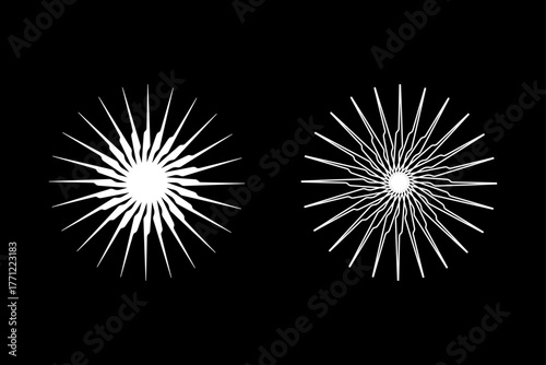 Radial sunburst vector set — two high-contrast white sun/starburst emblems with sharp and wavy spiky rays, symmetrical circular radial designs ideal for logos, badges, icons and backgrounds
