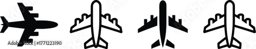 Minimalist vector airplane icons set for travel and aviation design projects, featuring solid and outline styles for user interface and graphic elements