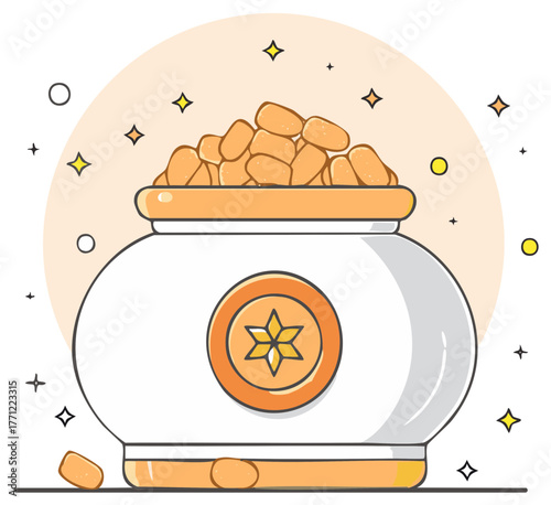 Pot overflowing with gold nuggets and sparkling stars illustration