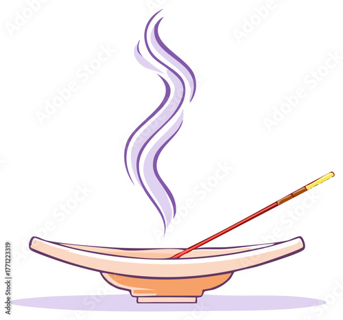 Aromatic incense stick burning with smoke in a decorative holder, illustration.