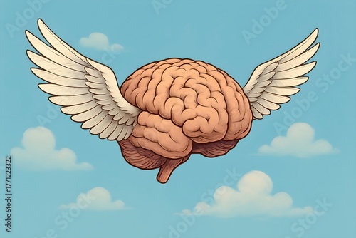 human brain flying on light blue sky 