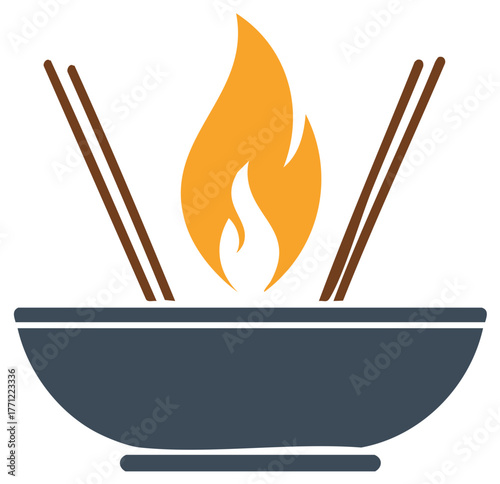 Hot Wok Cooking Icon with Chopsticks and Fiery Flame for Asian Food Design