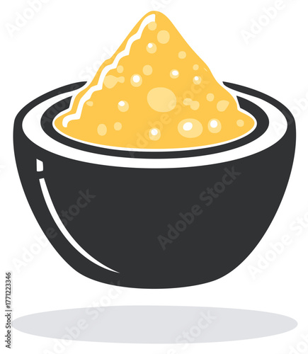Stylized icon of a black bowl filled with a mound of yellow hummus, polenta, or dip