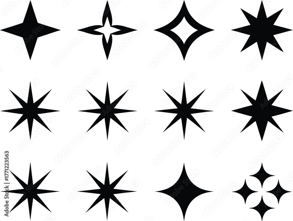 Obraz premium A Set of 12 Black Star and Sparkle Icons for Design and Decoration Elements