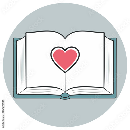 Open Book with Heart Shape on Pages Romance Valentine Love Flat Design