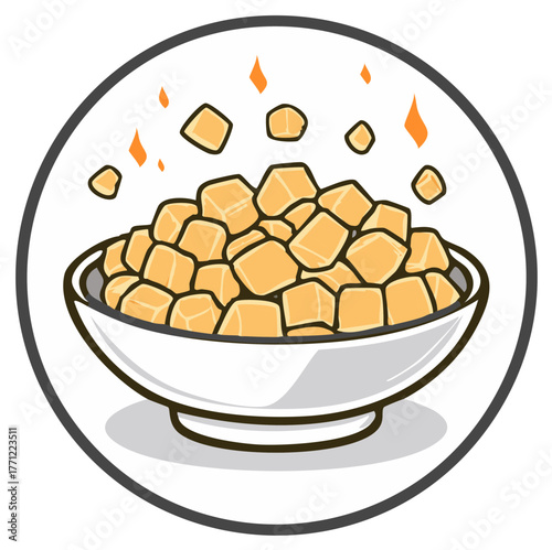 Bowl of hot steaming caramel cubes sweet candy dessert vector illustration icon