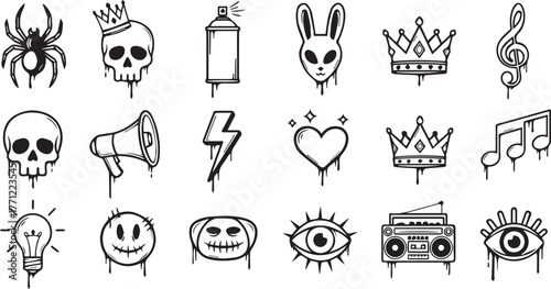 Black and White Graffiti Street Art Vector Icons Set with Dripping Paint Elements and Skulls