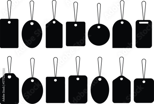A set of fifteen black silhouette vector icons depicting various architectural designs of urban skyscrapers and modern office buildings