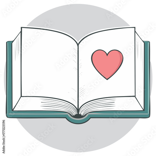 Simple drawing of an open book with a heart symbol for love of reading or romance story concept