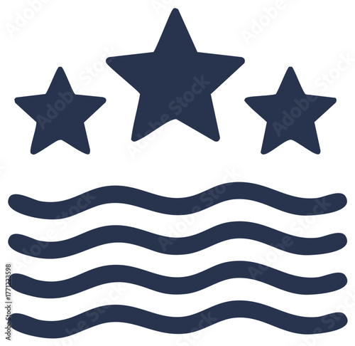 Three dark blue stars above wavy lines symbol abstract graphic representation
