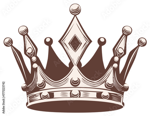 Vintage brown and cream crown illustration, ornamental design isolated on white.