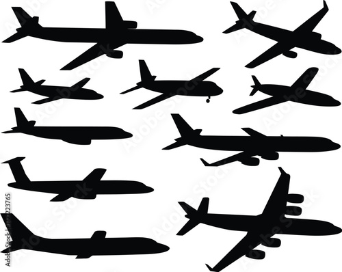 A dynamic collection of various airplane silhouettes, showcasing diverse flight angles and configurations, ideal for aviation-themed projects, travel concepts, and transportation graphic designs