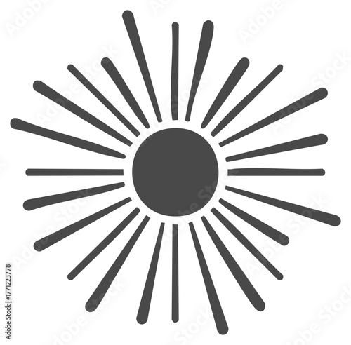Stylized hand-drawn sun icon with radiating rays. Bohemian sunburst graphic element.