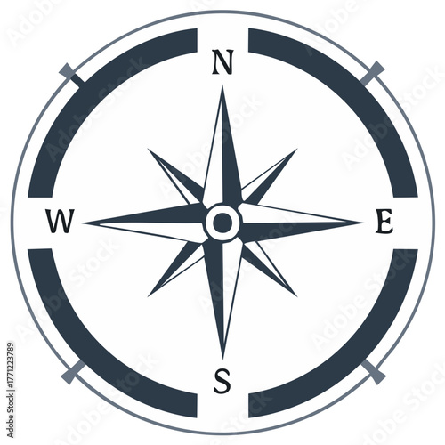 Detailed compass rose illustration in navy blue with directional points, navigation symbol