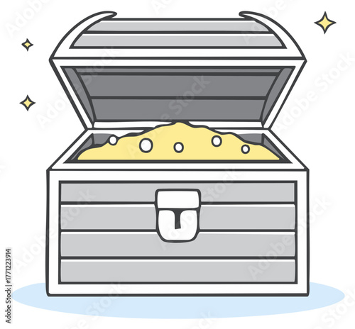 A Silver Treasure Chest Overflowing with Golden Coins and Sparkling Stars: Cartoon Illustration