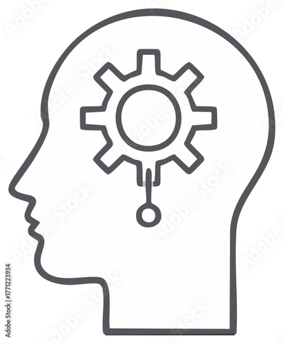 Outline of a human head with a gear inside representing thought, ideas, and mind.