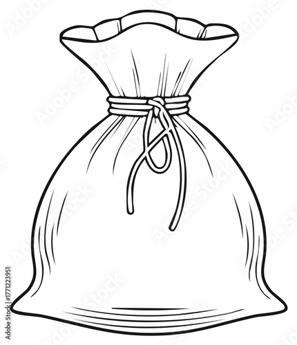 Full cloth sack tied with a rope. Classic black and white line art illustration of a money bag or treasure pouch.