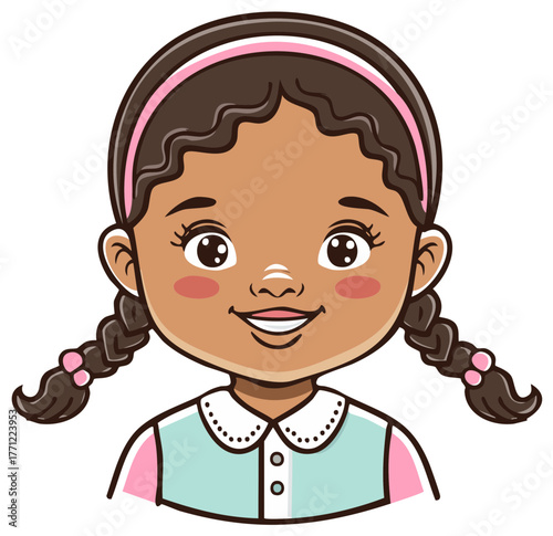 Cartoon illustration of cute african-american girl with braids smiling broadly at the viewer in school uniform, friendly expression.