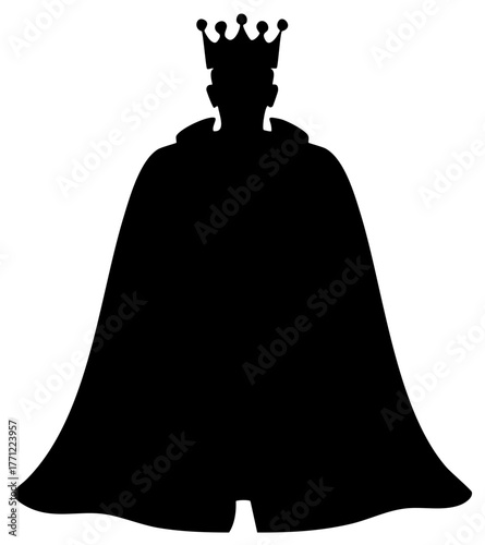 Silhouette of a crowned figure in royal attire and flowing cloak