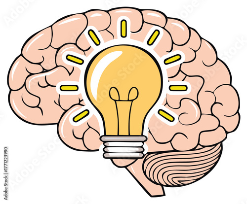 Brain with a bright lightbulb symbolizing innovation and new ideas, a conceptual illustration.