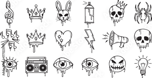 Black and white grunge dripping icons set. Street art symbols for graphic design and apparel.