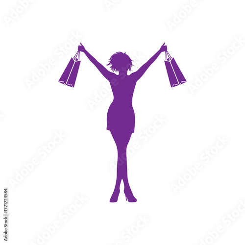 triumphant female shopper with arms raised holding purple shopping bags full-body vector silhouette illustration.