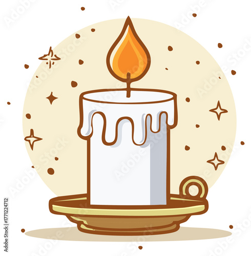 Cartoon illustration of a burning wax candle on a gold candle holder with stars for use in holiday or religious graphics