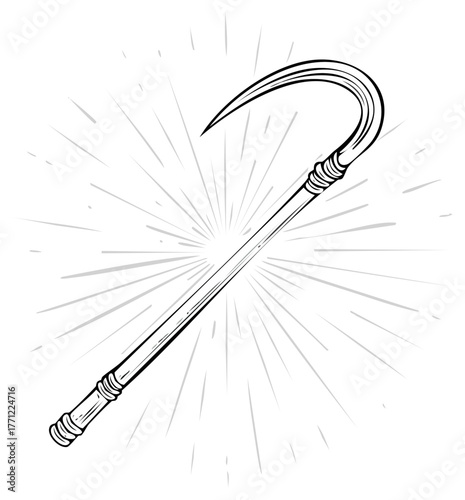 Stylized black and white drawing of a medieval sickle with a curved blade and ornate handle
