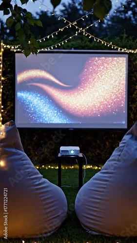 Cozy Outdoor Movie Night With Projector Screen And Beanbag Chairs Under Twinkling Lights