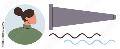 Profile of a woman facing a loudspeaker emitting waves, symbolizing voice, communication, and broadcasting. Ideal for media, audio, announcements, technology, speech storytelling simple flat