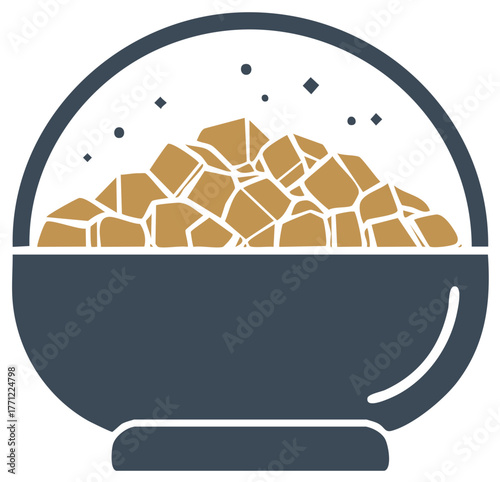 Stylized bowl filled with golden nugget rocks under dots and squares in minimal composition