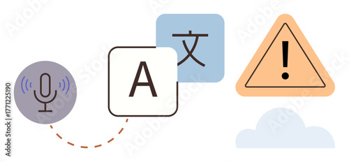 Microphone icon linked to letters and translation symbols next to a warning triangle. Ideal for language processing, translation, error alerts, communication tools, accessibility, AI interface