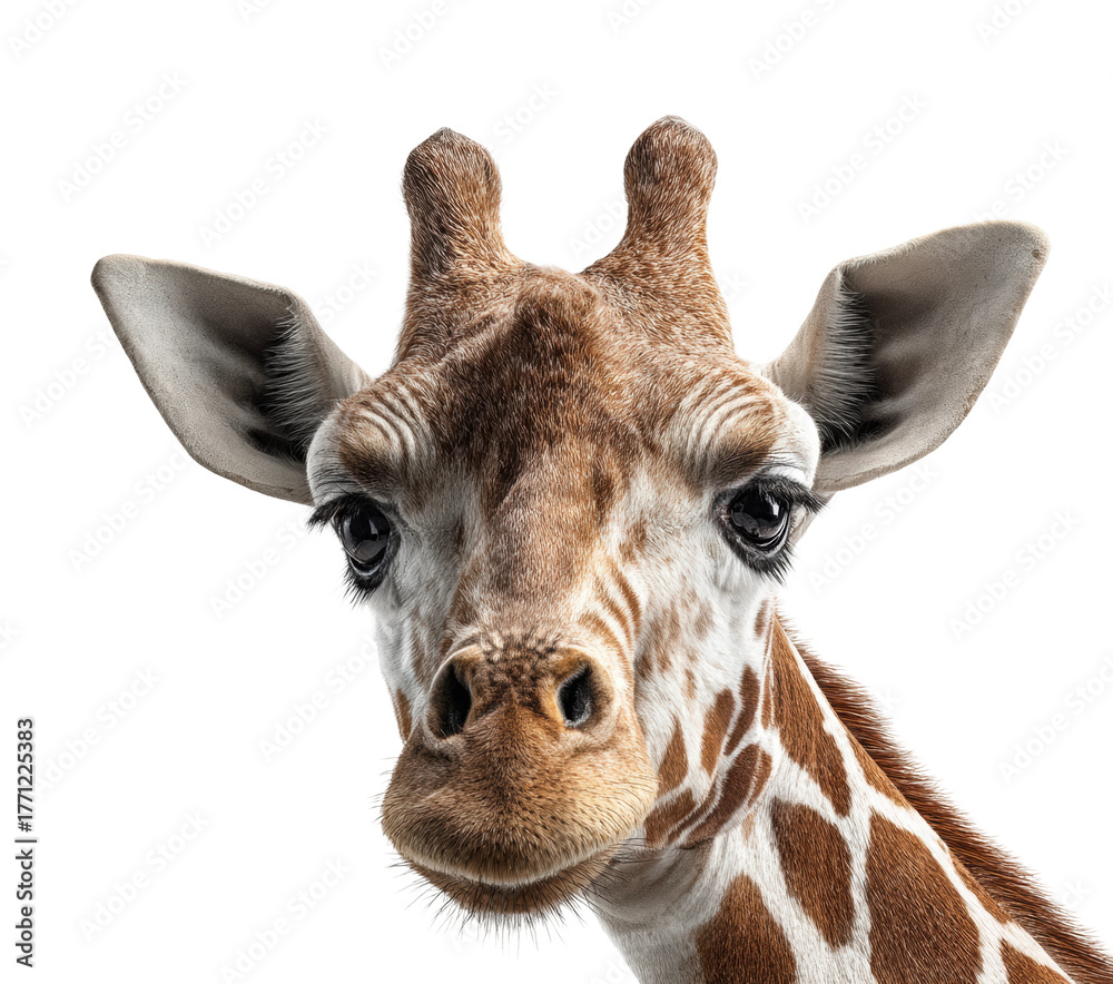 Fototapeta premium Giraffe wildlife sanctuary animal portrait eye level isolated on transparent background