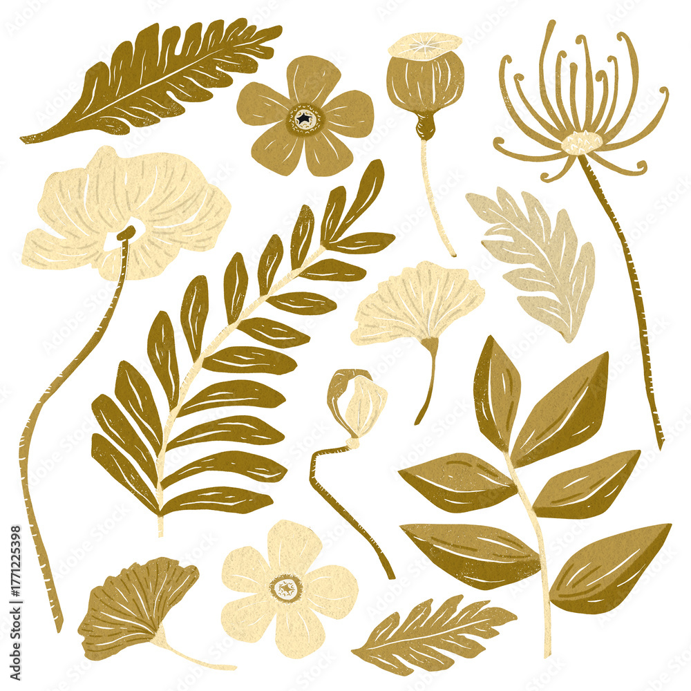 Fototapeta premium Gold flower png sticker botanical clipart set