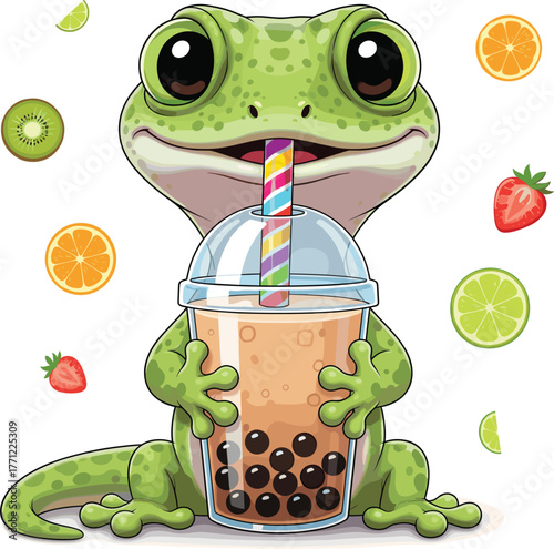 Cute cartoon gecko drinking boba tea surrounded by fruit slices