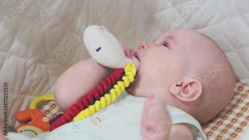  baby girl is lying on the bed and crying. The kid bites her toy.