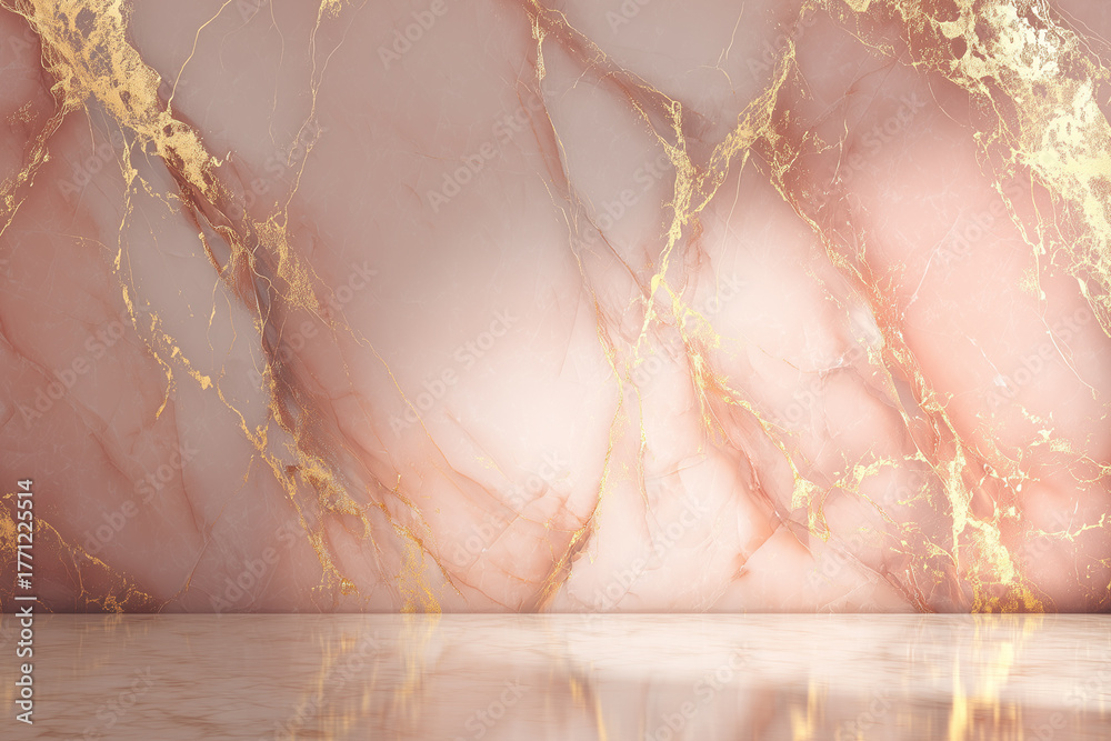 Fototapeta premium Rose and Gold Marble Background with Polished Reflection, Luxury Studio Wall Design