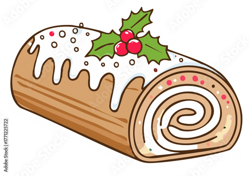 Christmas log cake with white frosting and holly berries decoration