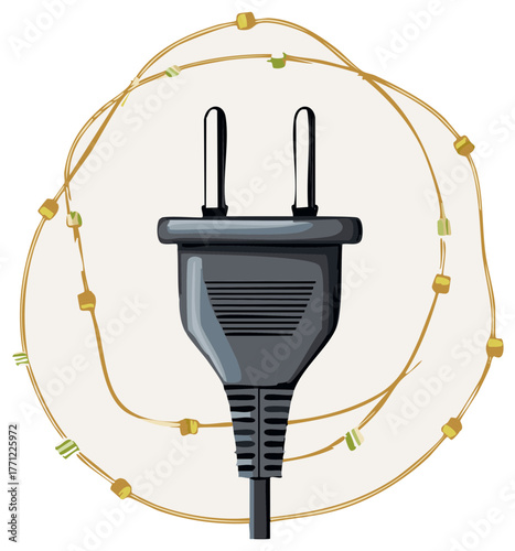 Close-up of a gray electrical plug with two prongs surrounded by decorative gold and green string lights.
