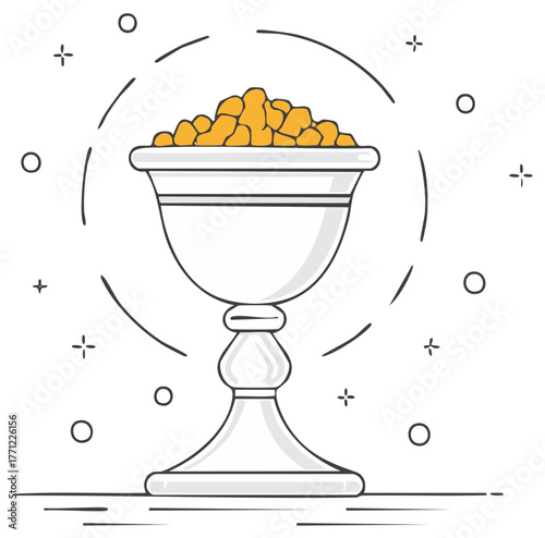 Vintage chalice full of golden nuggets line art icon for wealth and success