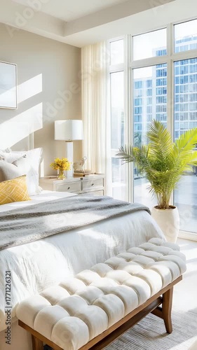 Bright bedroom interior design with natural light and modern furniture