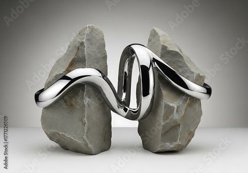 Shiny metal sculpture connecting two rough stones