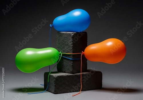 Colorful balloons tied to stacked bricks