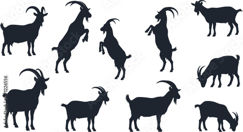 Collection of silhouette goat poses for farm livestock and wildlife design elements isolated on transparent background