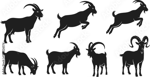 Collection of silhouette goat poses agricultural farm animal mammal livestock wildlife nature wildlife silhouette isolated on transparent background