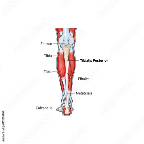 Anatomical illustration of the human lower leg, displaying posterior view, muscles, and bone structure
