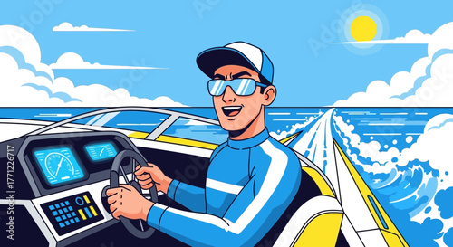 Cheerful Boat Captain Navigating the Open Sea on a Sunny Day Illustration