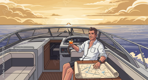Luxury yacht cruise at sunset, man enjoying cocktail and browsing route map